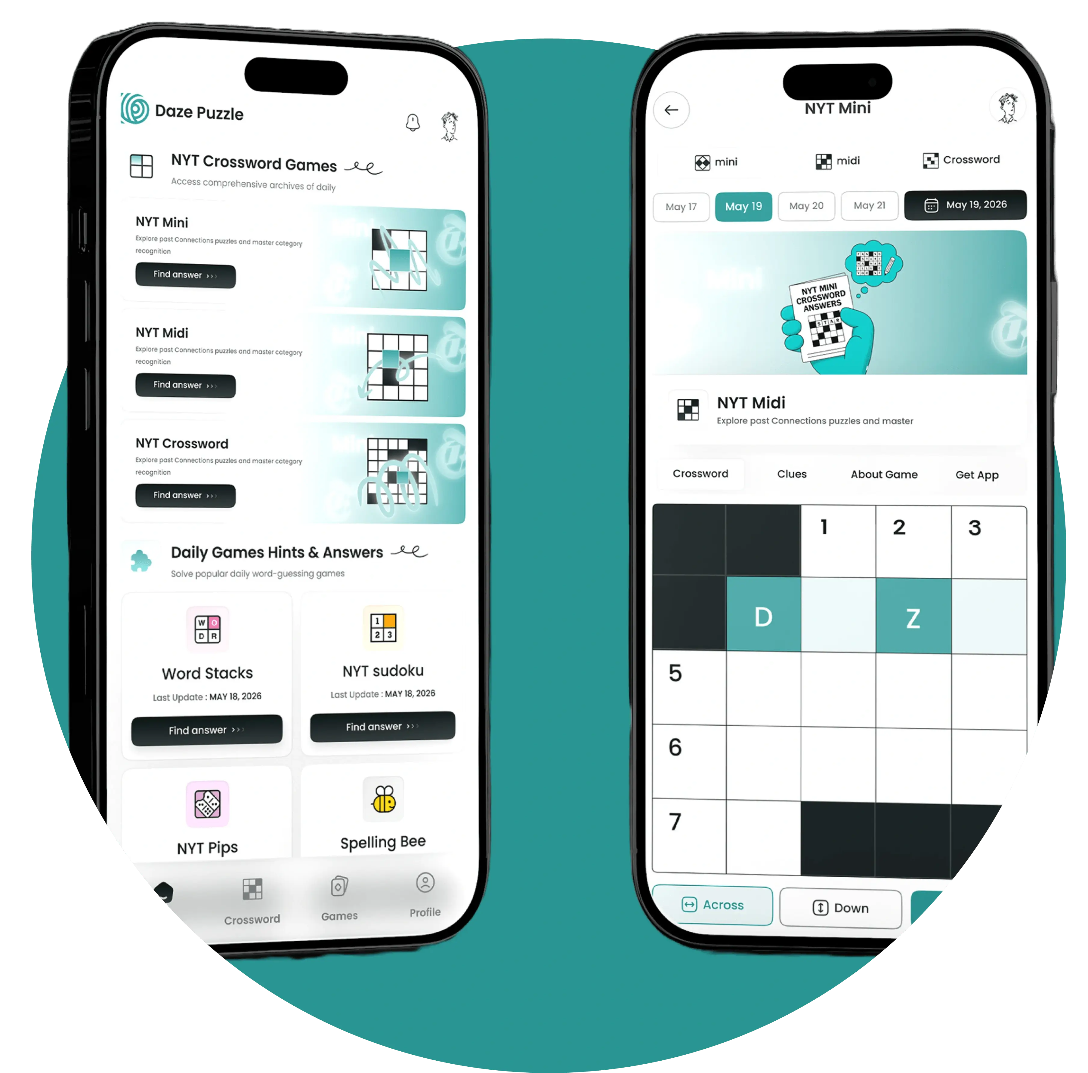 Two phones displaying the Daze Puzzle app