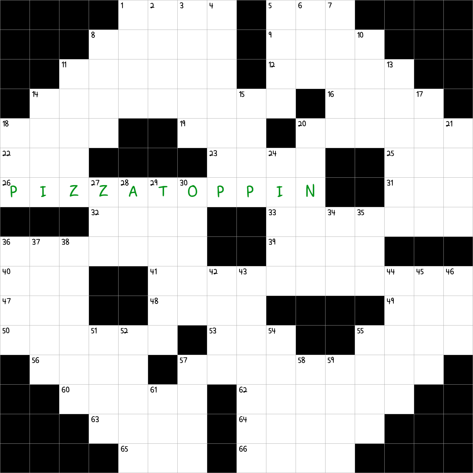Pepperoni, mushroom or green pepper … or what each cluster of black squares represents in this puzzle
