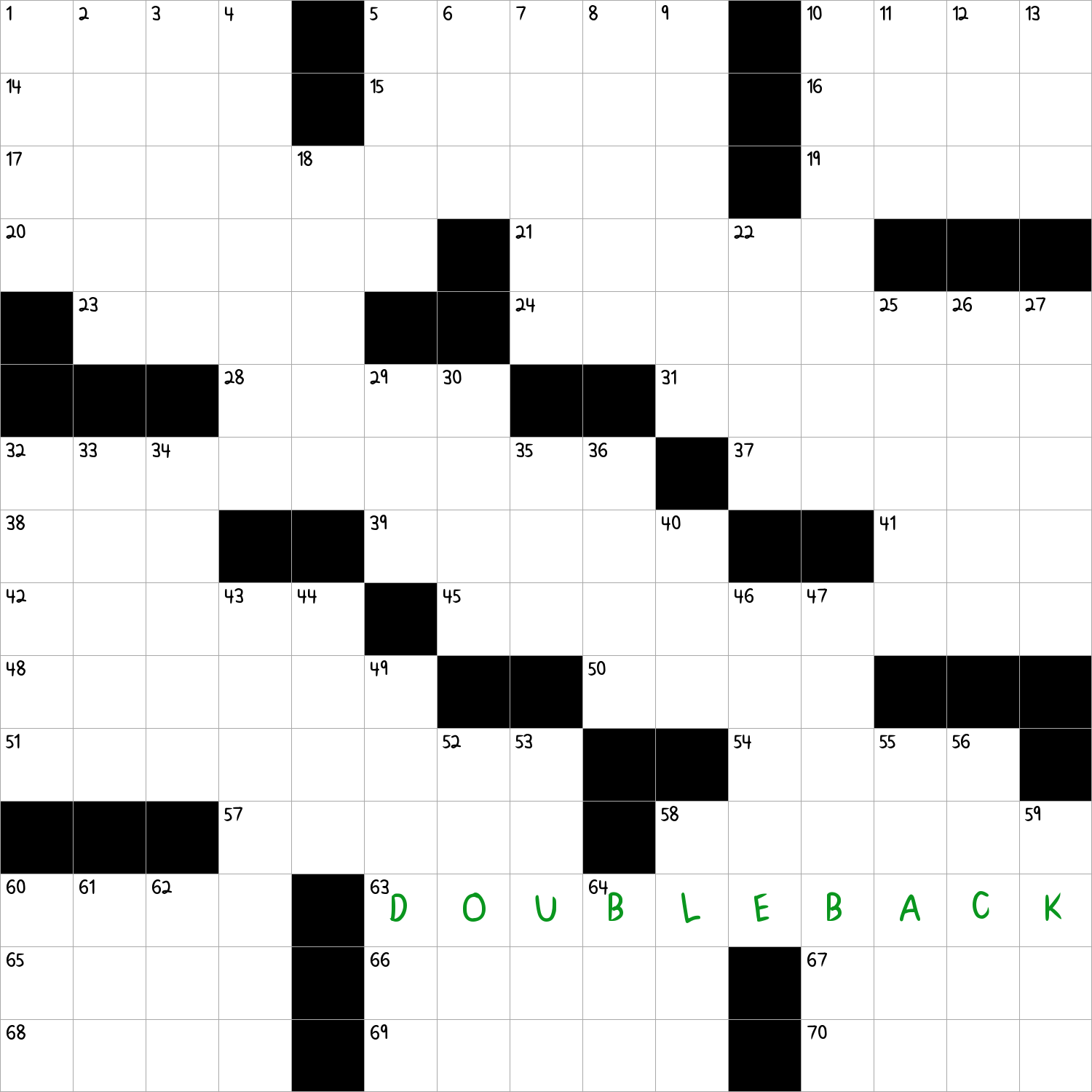 Turn around and return … or a feature of 17-, 24-, 32-, 45- and 51-Across?