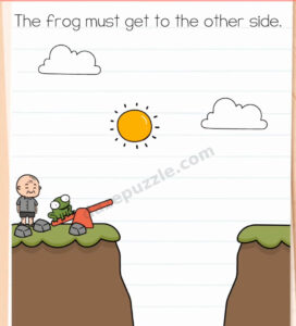 Brain Test Level 596 starting scene with a frog on a seesaw, a man, and a chasm separating two cliffs