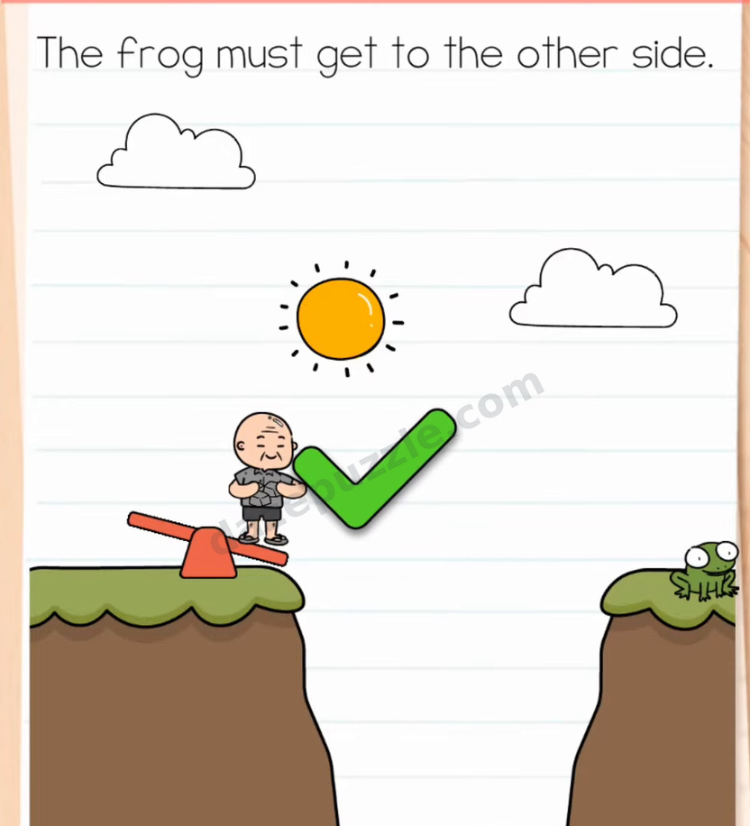 Brain Test Level 596 solved puzzle showing the frog landed on the right cliff with an authentic green checkmark
