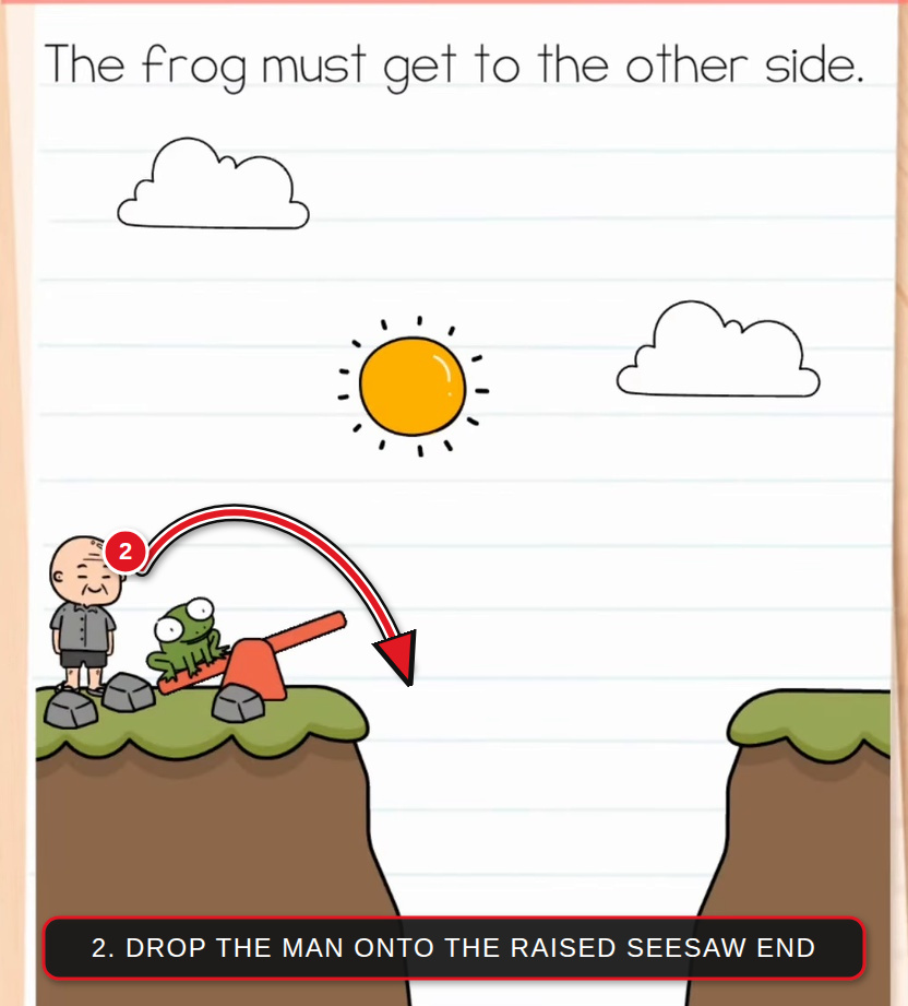 Brain Test Level 596 step 2 showing bold curved red arrow dropping the weighted man onto the raised end of the seesaw