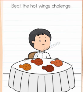 Brain Test Level 597 starting scene showing a boy seated at a table with four spicy chicken wings