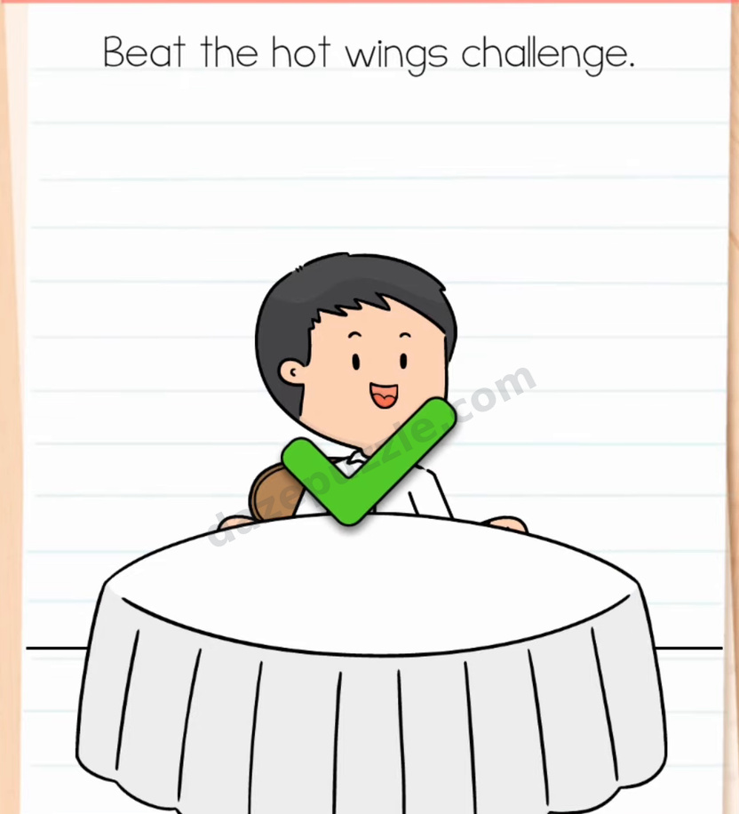 Brain Test Level 597 solved stage showing an empty table, a smiling boy, and an authentic green check mark over his chest