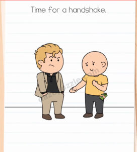 Brain Test Level 598 starting scene showing a businessman refusing a handshake from a man with cash in his pocket