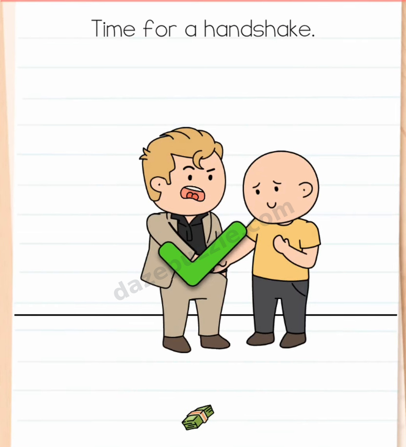 Brain Test Level 598 solved stage showing the completed handshake with an authentic green check mark over the characters