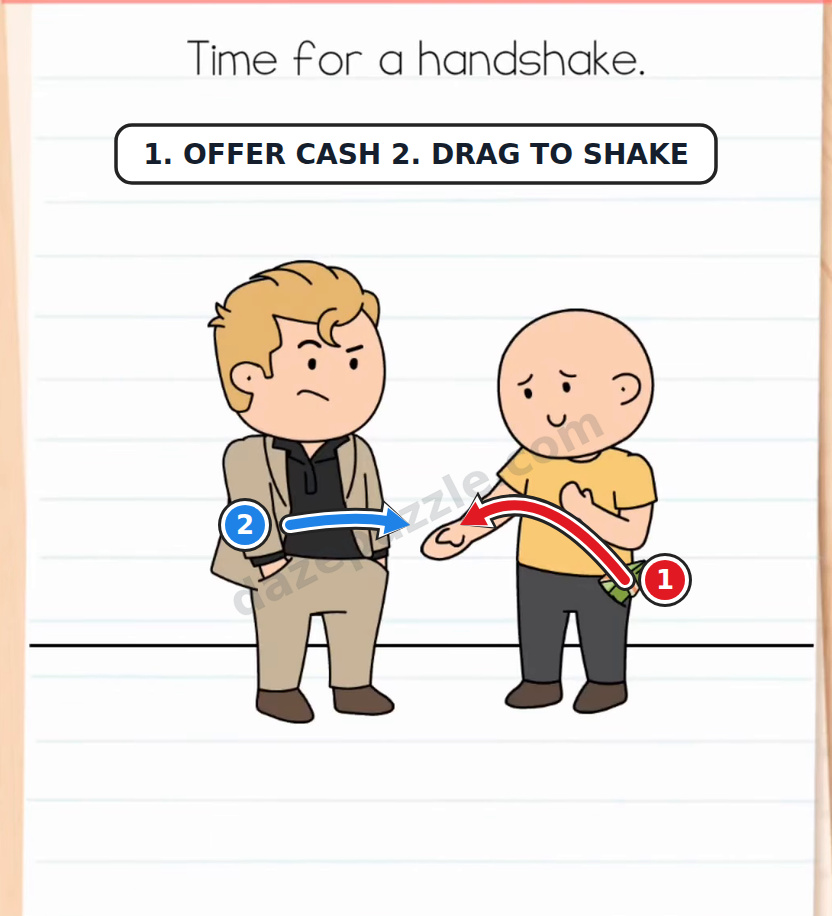 Brain Test Level 598 clean vector guide showing cash dragged to hand and characters dragged together for handshake