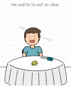 Brain Test Level 599 initial puzzle with a hungry boy waiting behind a table with an olive and a screwdriver