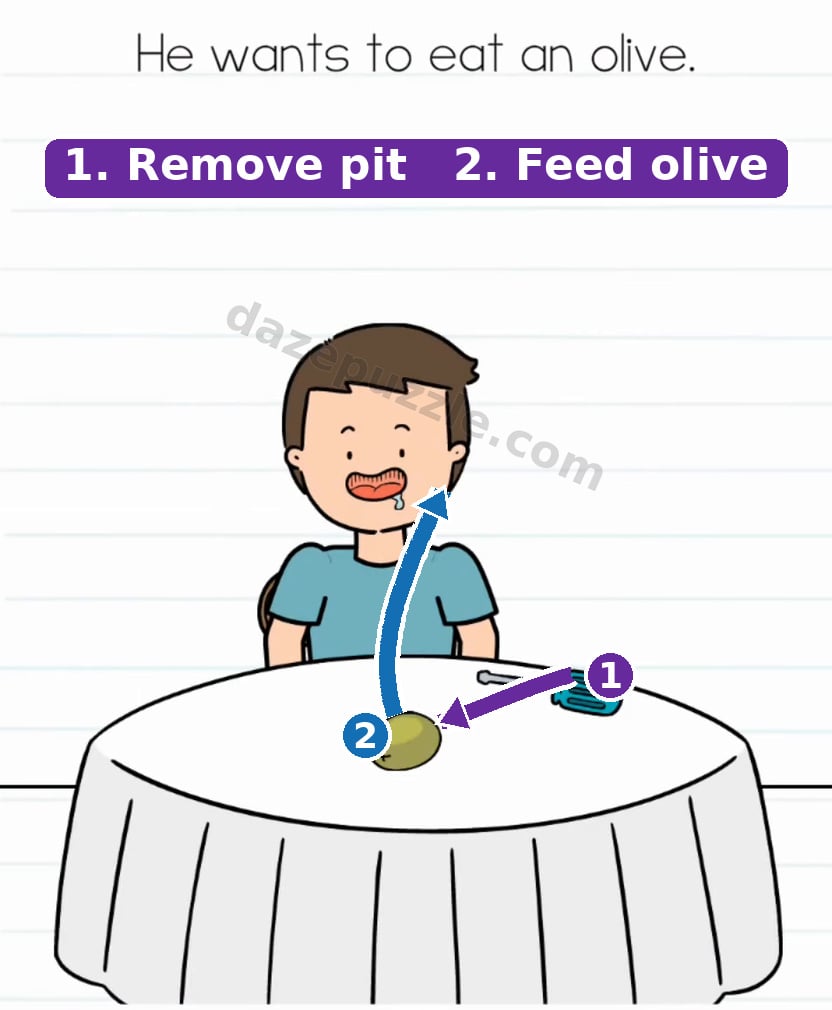Brain Test Level 599 solution showing arrow 1 using the screwdriver on the olive and arrow 2 dragging the olive to the boy's mouth