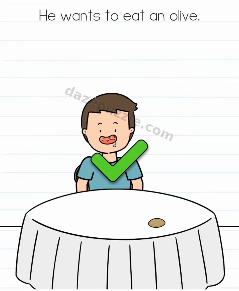Brain Test Level 599 solved with the olive pit left on the table and the authentic green checkmark over the boy