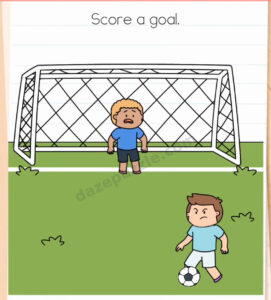 Brain Test Level 600 question Score a goal showing the striker with soccer ball and goalkeeper in front of the net