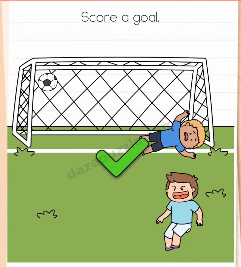 Brain Test Level 600 solved with ball in the net, fallen goalkeeper, celebrating striker, and green check