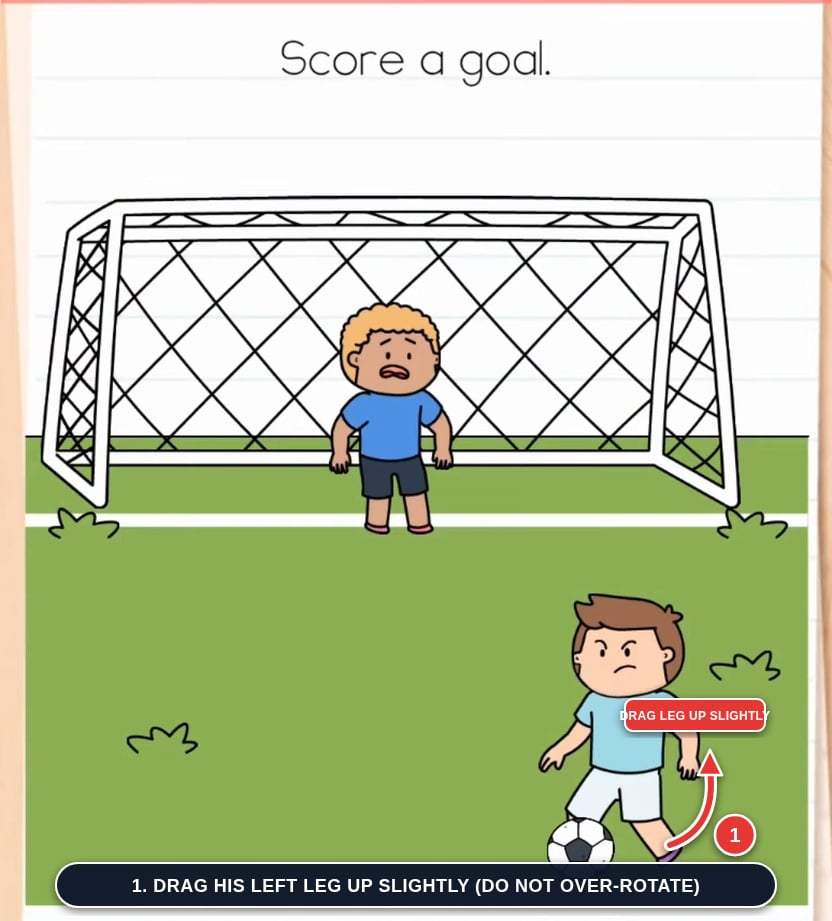 Drag the boy's left leg upward slightly to build kicking power in Brain Test Level 600