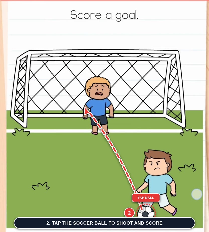 Tap the soccer ball to shoot and score past the goalkeeper in Brain Test Level 600