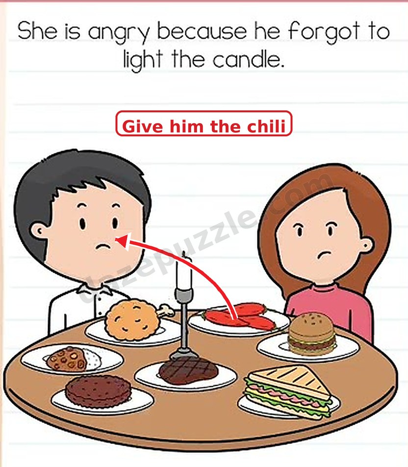 Brain Test Level 540 hint showing the chili dragged to the man's mouth
