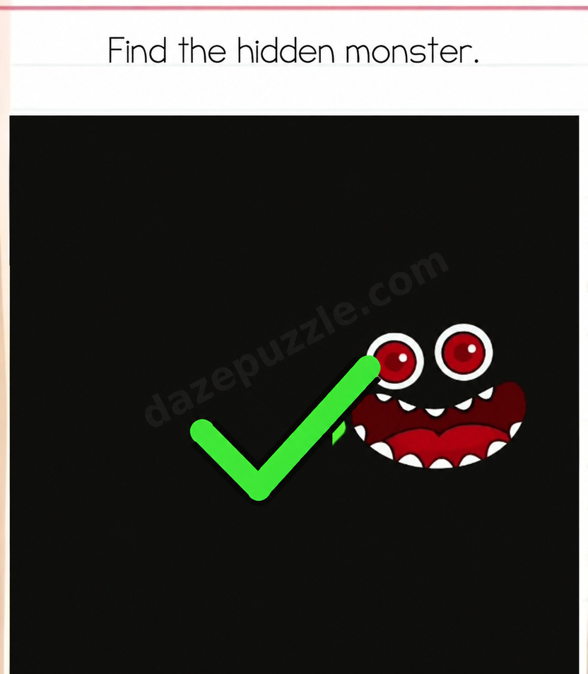Brain Test Level 542 answer showing the lamp switched off, the monster revealed and the native green success check