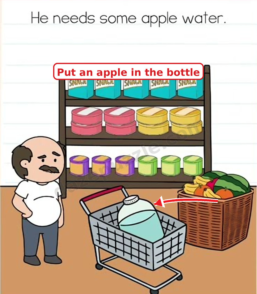 Brain Test Level 543 hint showing an apple moved from the basket toward the water bottle