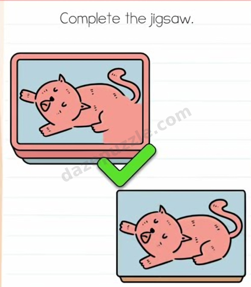 Brain Test Level 544 answer showing the six-piece cat puzzle completed with the reference corner and native green success check