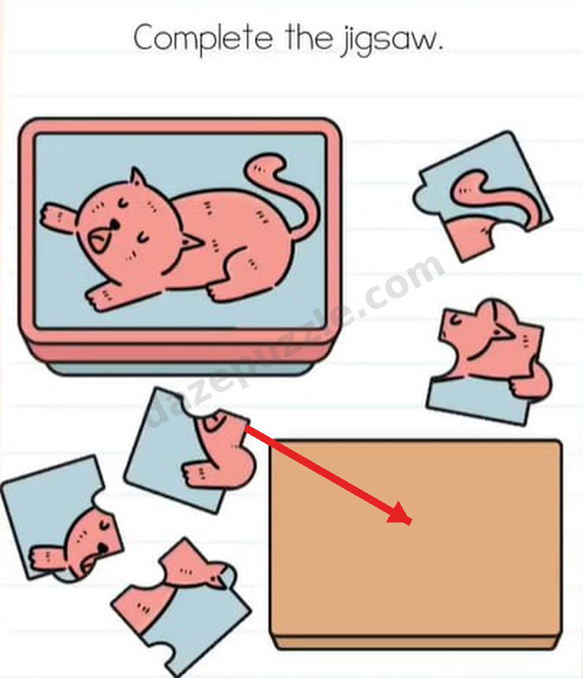 Brain Test Level 544 hint showing the five loose cat pieces moved onto the puzzle board