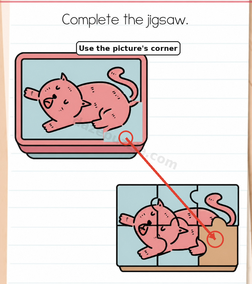 Brain Test Level 544 hint showing the reference picture's bottom-right corner moved into the final empty puzzle slot