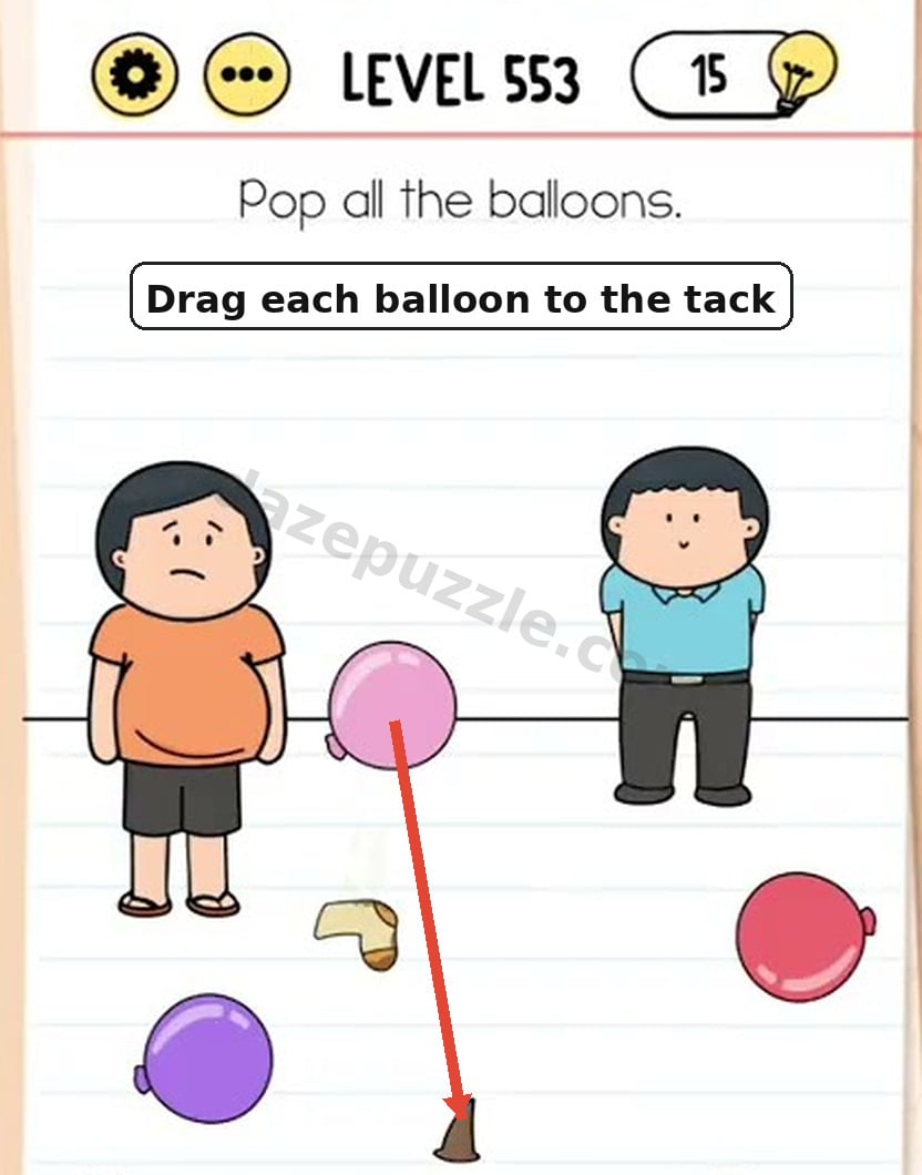 Drag each balloon onto the tack in Brain Test Level 553