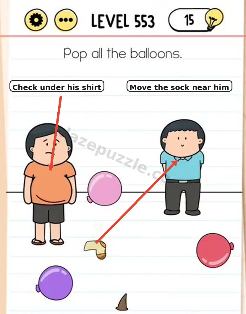 Find the balloon under the shirt and use the sock to reveal another balloon in Brain Test Level 553