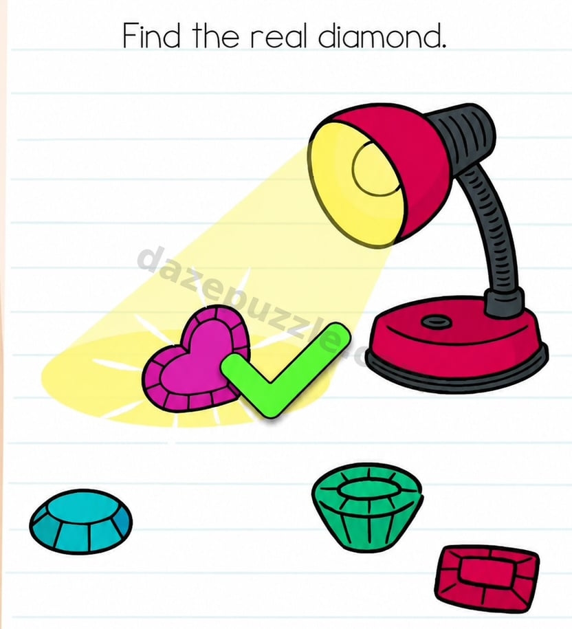 Brain Test Level 555 real heart-shaped diamond with green success check