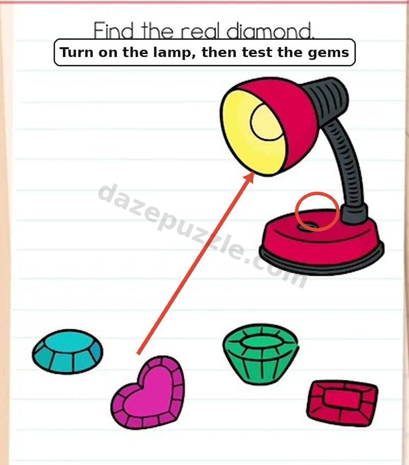 Turn on the lamp and test the gems in Brain Test Level 555