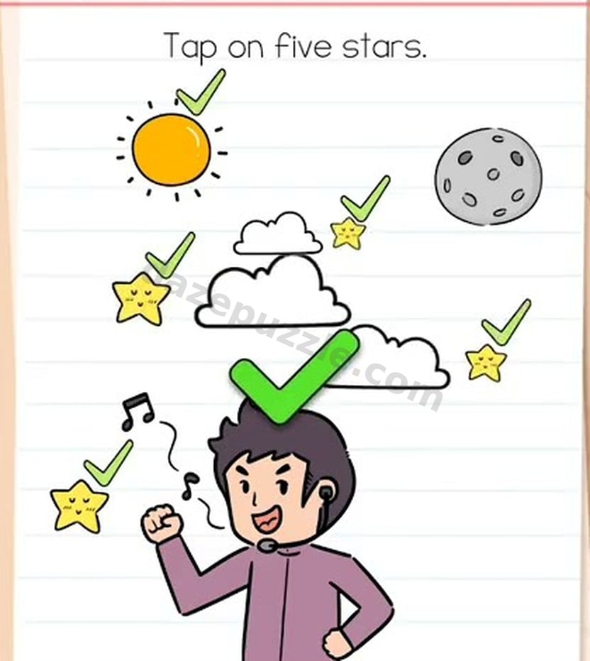 Brain Test Level 556 sun and four stars selected with green success check