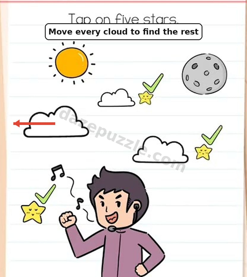 Move every cloud to reveal hidden stars in Brain Test Level 556