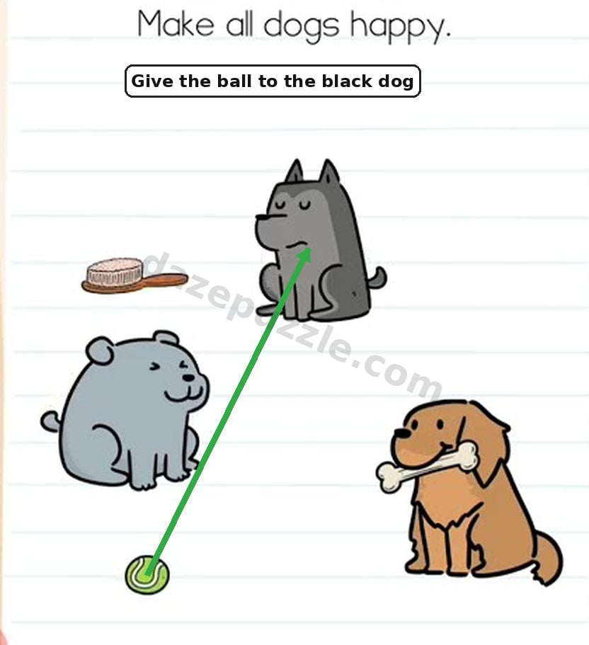 Brain Test Level 557 hint showing the green tennis ball moved to the black dog