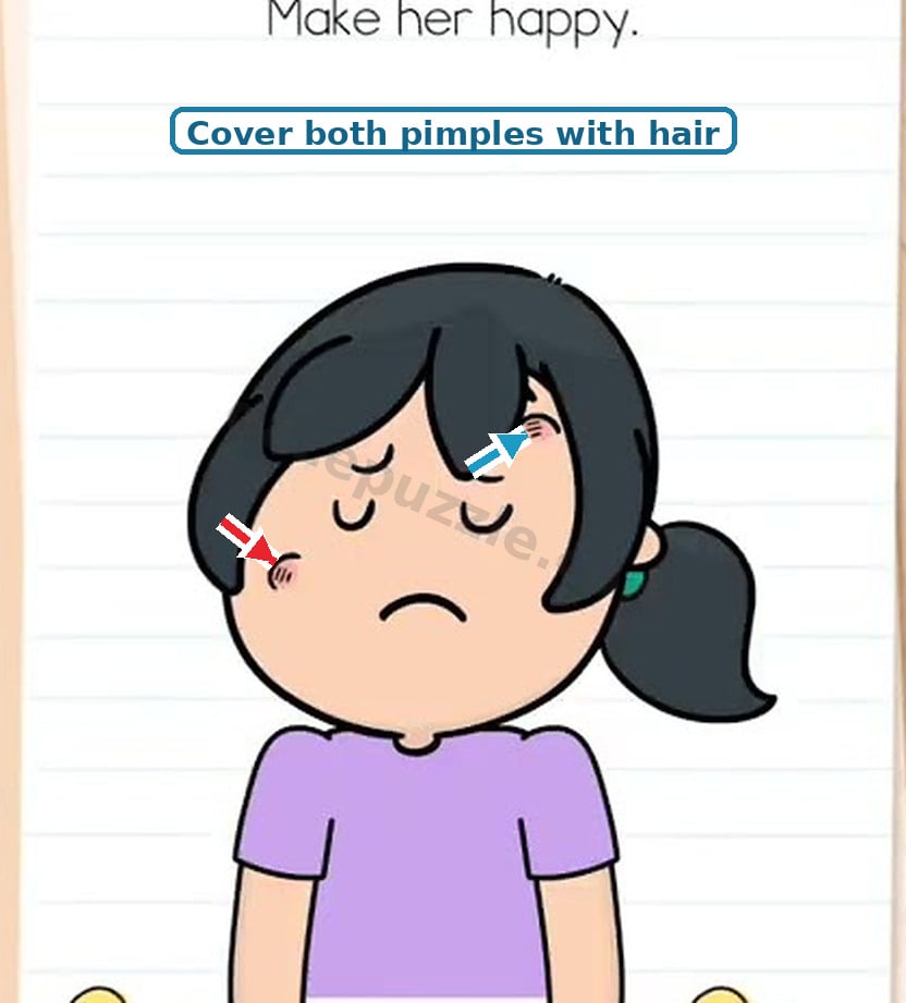 Brain Test Level 558 arrows showing hair sections one and three covering the pimples