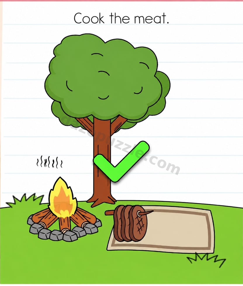 Brain Test Level 559 answer showing cooked meat on the branch and native green success check