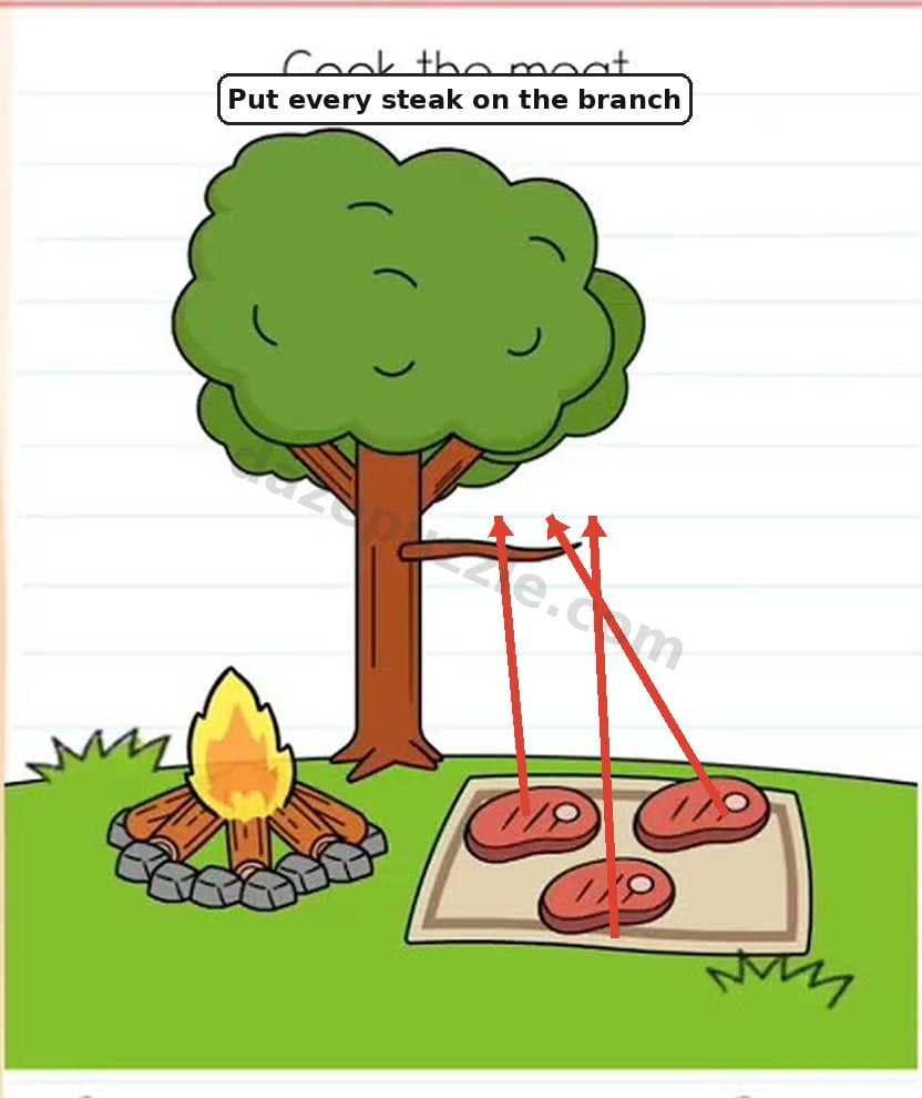 Brain Test Level 559 hint showing all three steaks moved onto the tree branch