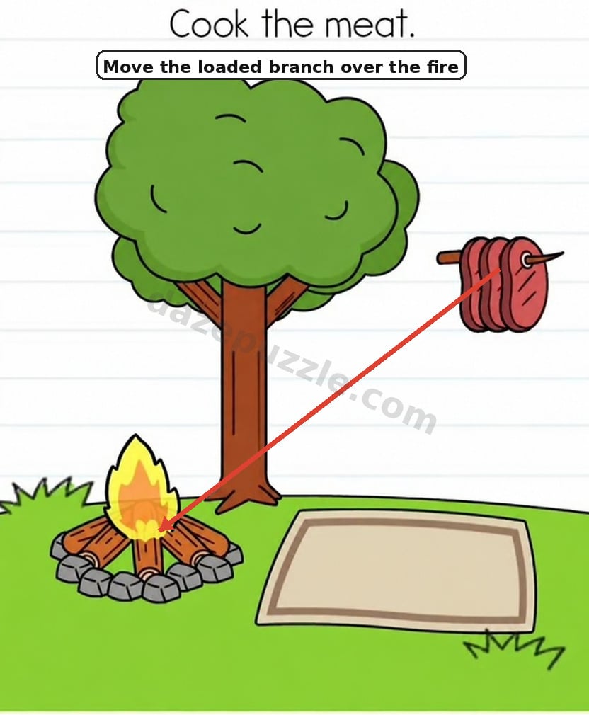 Brain Test Level 559 hint showing the loaded branch moved down over the campfire