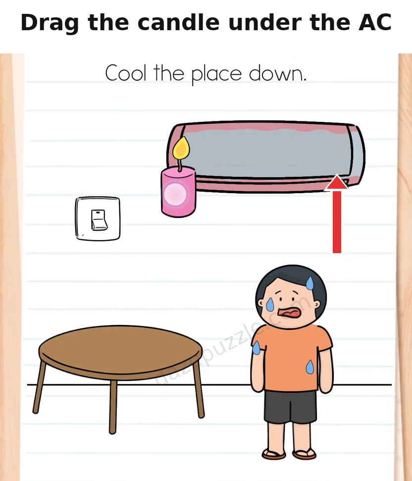 Brain Test Level 562 hint showing the candle flame moved under the air conditioner
