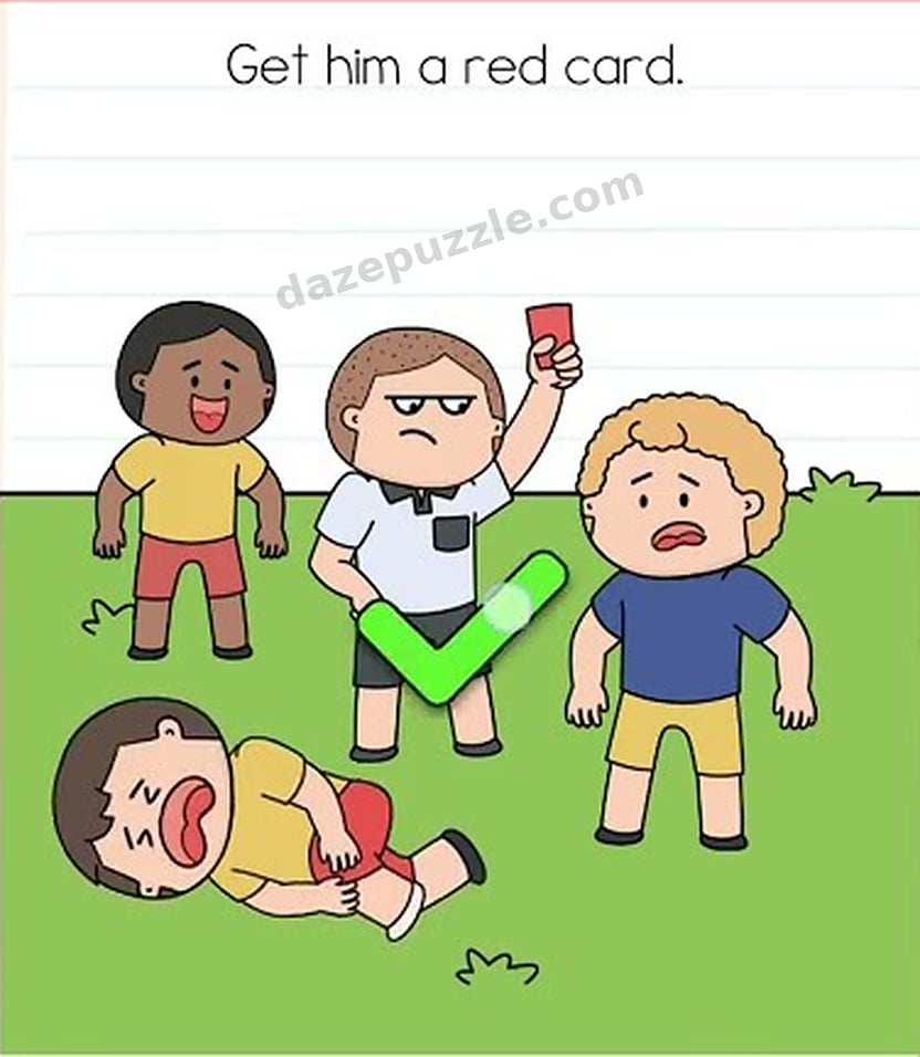 Brain Test Level 567 answer showing the referee holding a red card and the green success check