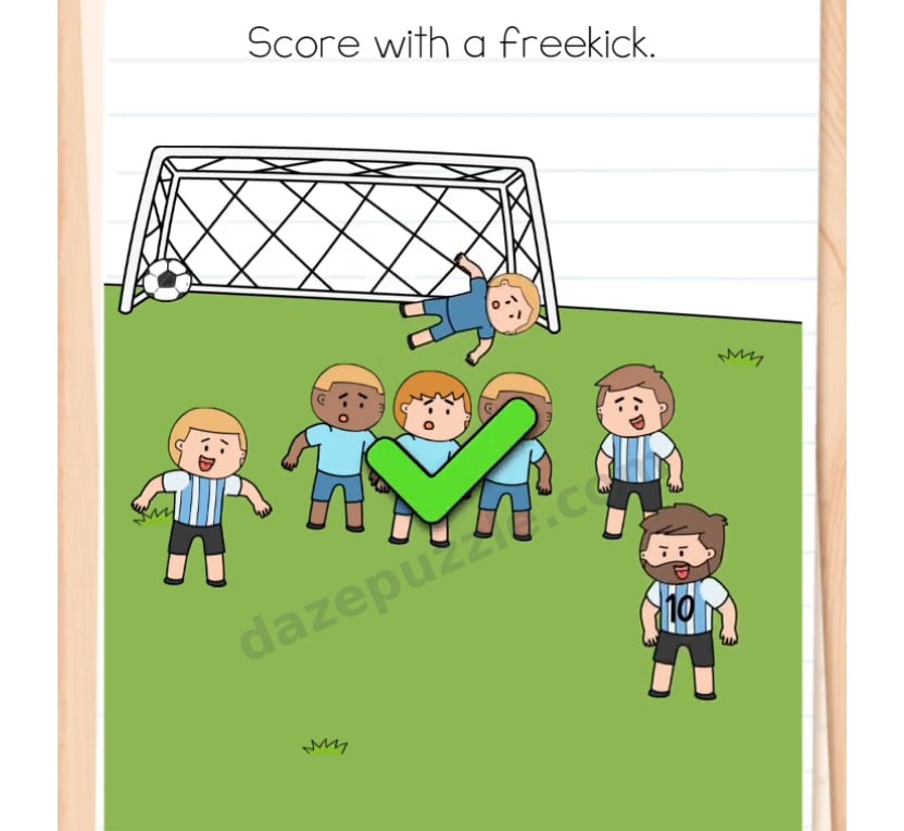 Brain Test Level 569 answer showing the free kick goal and green success check