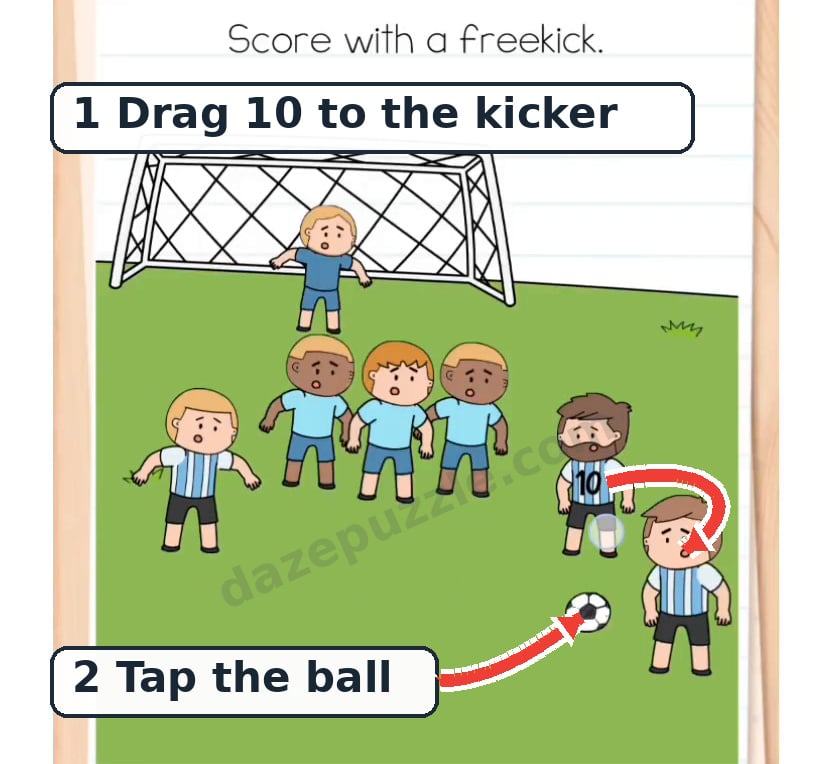 Brain Test Level 569 hint showing number 10 moved to the kicker before tapping the ball