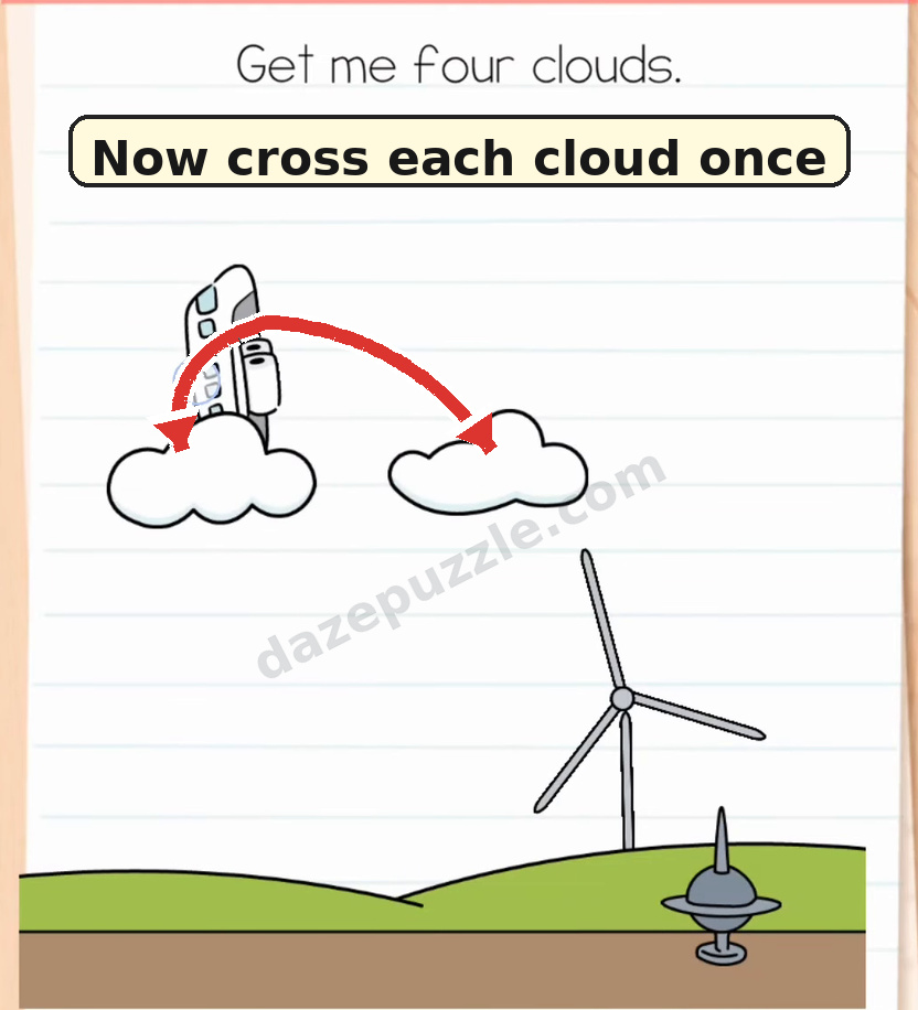 Brain Test Level 571 solution showing two arrows from the airplane through each of the two clouds once