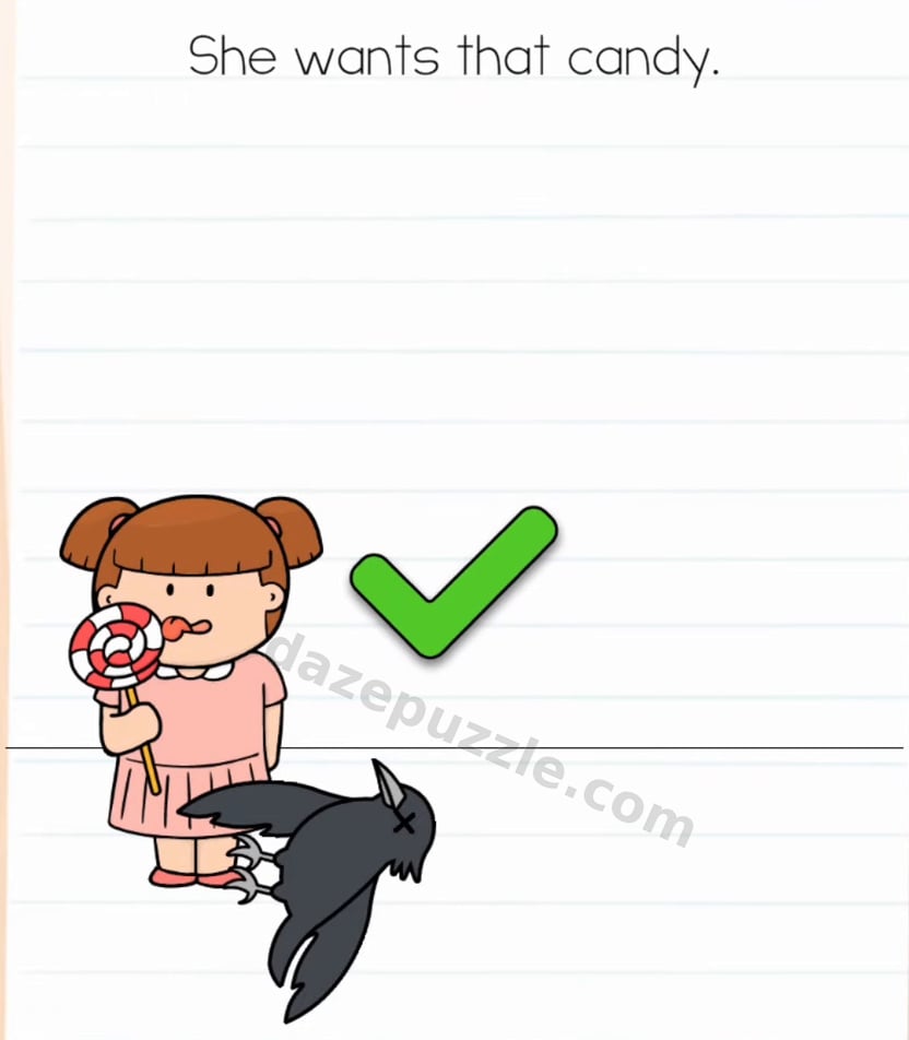 Brain Test Level 574 solved with the girl holding the candy and the authentic green check