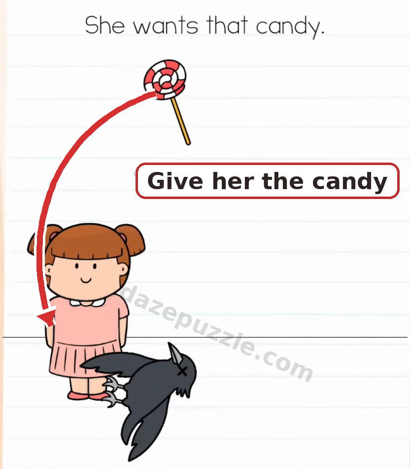 Brain Test Level 574 second action showing the candy dragged to the girl while the crow is down