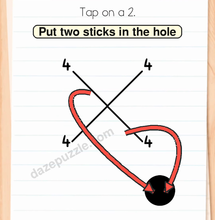Brain Test Level 575 answer step showing the upper-left and lower-right sticks dragged into the black hole