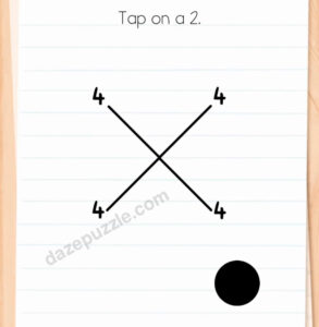 Brain Test Level 575 initial puzzle with four 4s, crossed sticks, and a black hole