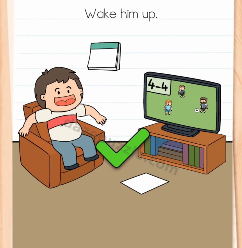 Brain Test Level 576 solved with the man awake, a 4-4 score, and the authentic green check