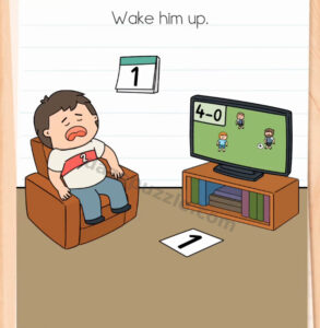 Brain Test Level 576 initial puzzle with a sleeping man, two loose 1s, and a 4-0 soccer score