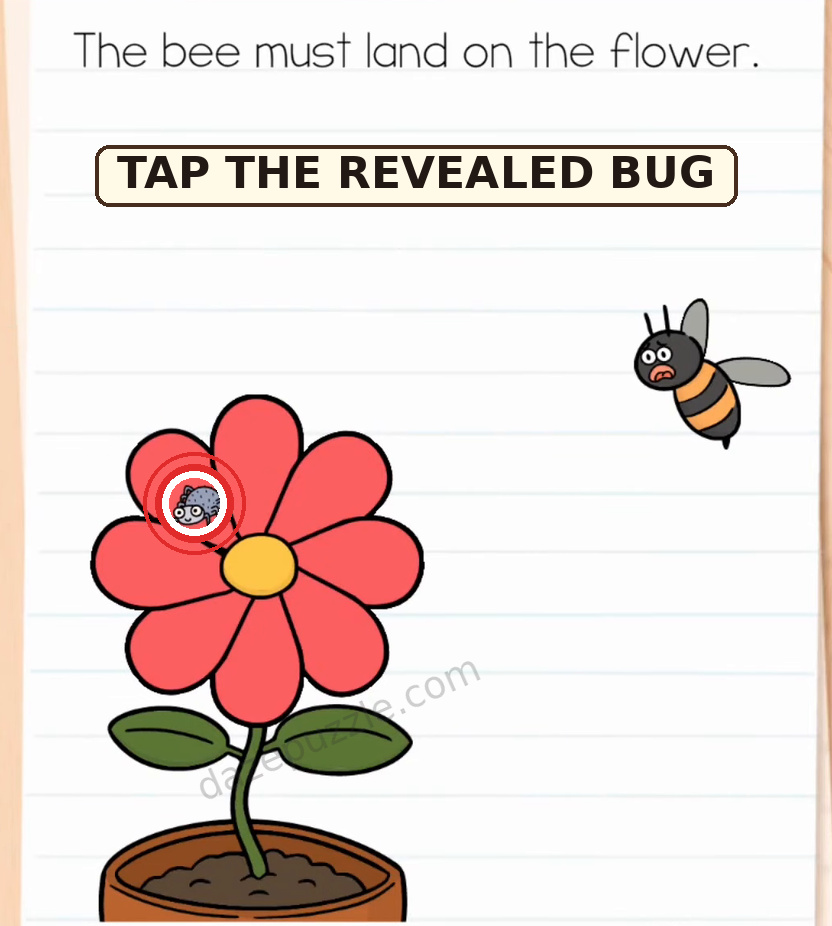 Brain Test Level 578 answer step showing the revealed bug to tap beneath the northwest petals
