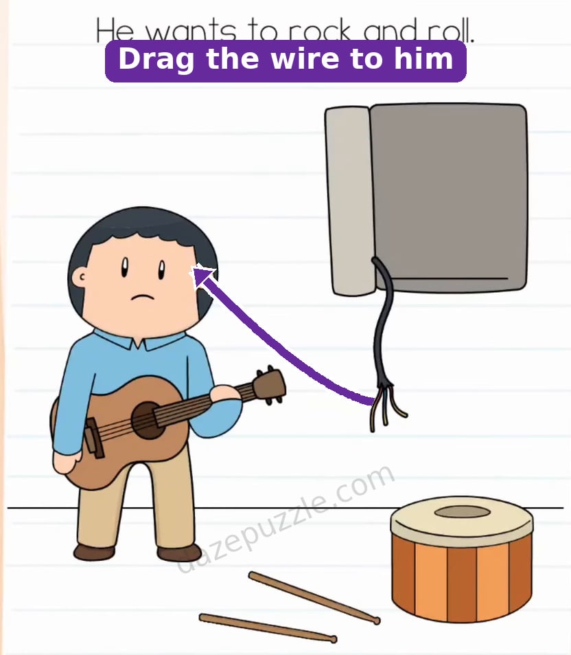 Brain Test Level 579 answer step showing the loose electrical wire dragged to the man
