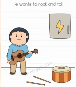 Brain Test Level 579 question showing a man with a guitar, drum, and closed electrical panel