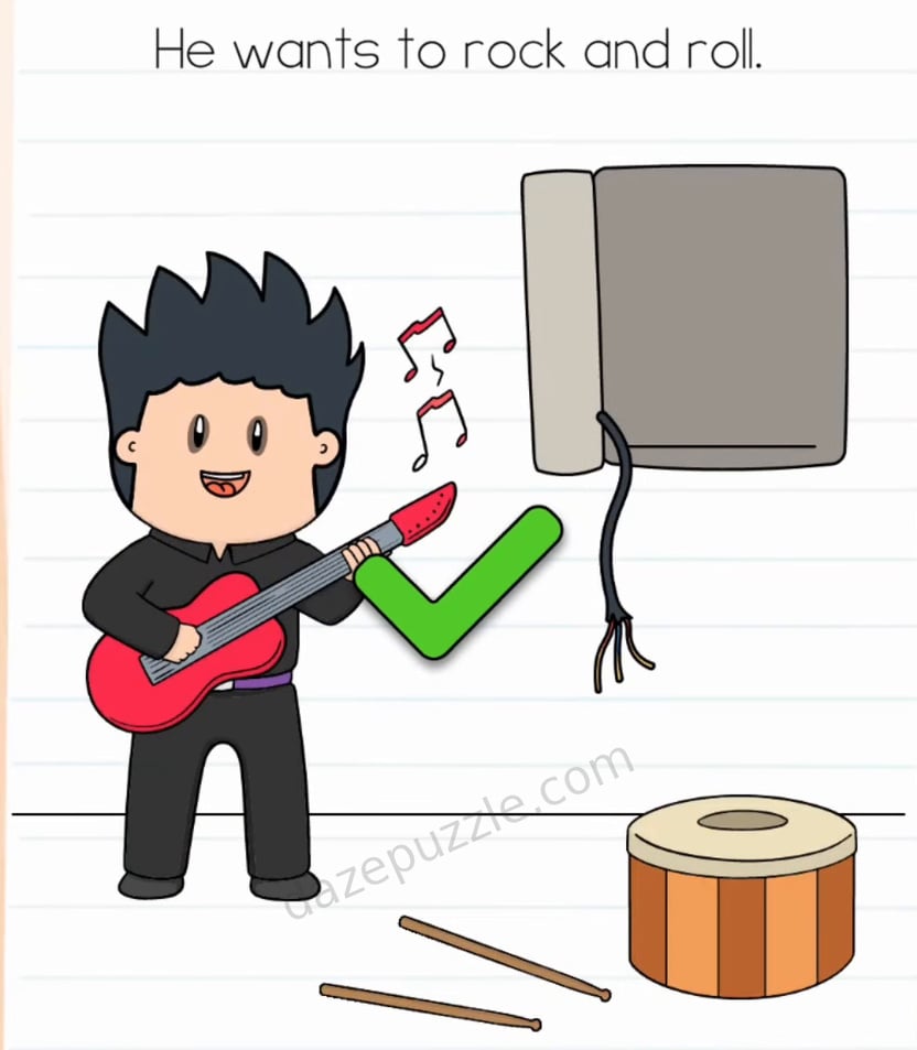 Brain Test Level 579 solved with a rock musician, electric guitar, and authentic green check